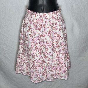 Pink & White Coquette Floral Smocked Tiered Ruffle Mini Skirt Womens Large